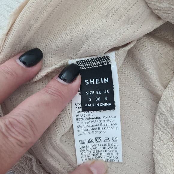 Shein Allurite Deep Vneck Halter Ruffle hem mini dress beige Size Small Festival - Picture 7 of 8